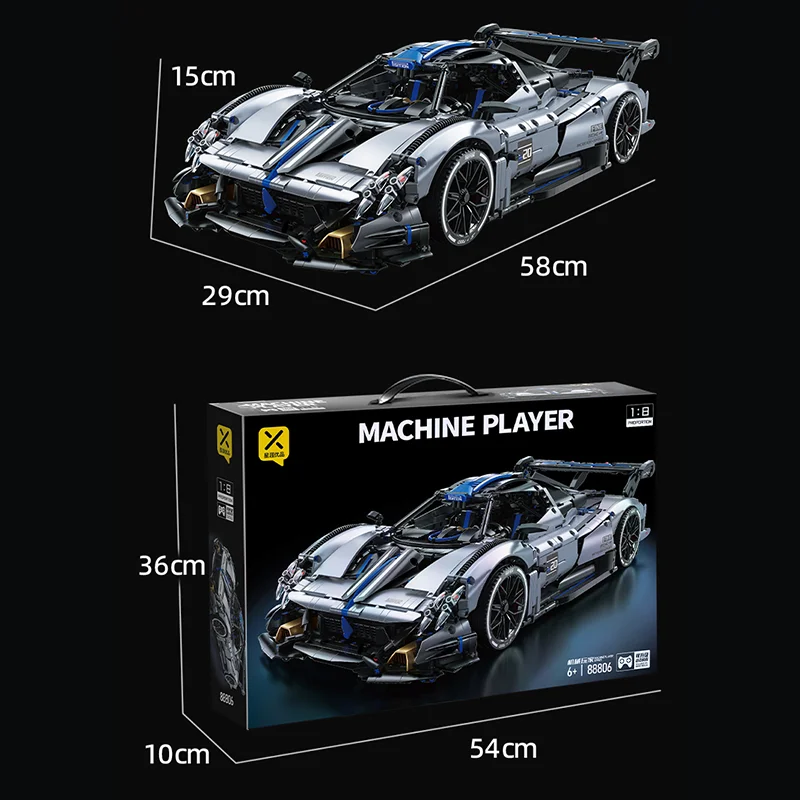TOYLINX 3526-teiliges silber-blaues technisches Rennsportwagen-Bausteine-Set, Super-Sportwagenmodell im Maßstab 1:8, ideale Ziegelsteine, Geschenk für Jungen – Detail 7