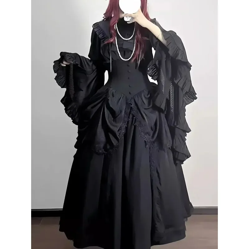 Dark Goth Lolita 2‑Piece Set, Ji‑Sleeve Blouse & Fishbone High‑Waist Long SK Skirt for Women Spring‑Autumn Cosplay Dress‑up