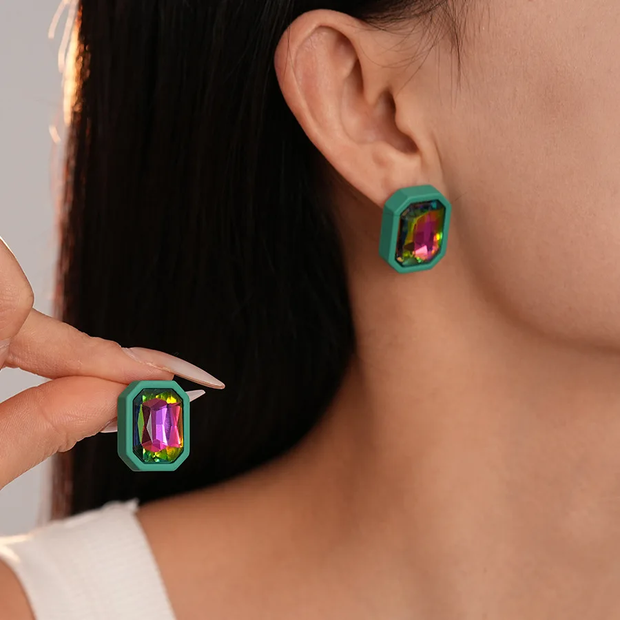 Retro simple diamond-encrusted square colored diamond rectangular  needle earrings, environmentally friendly niche temperament