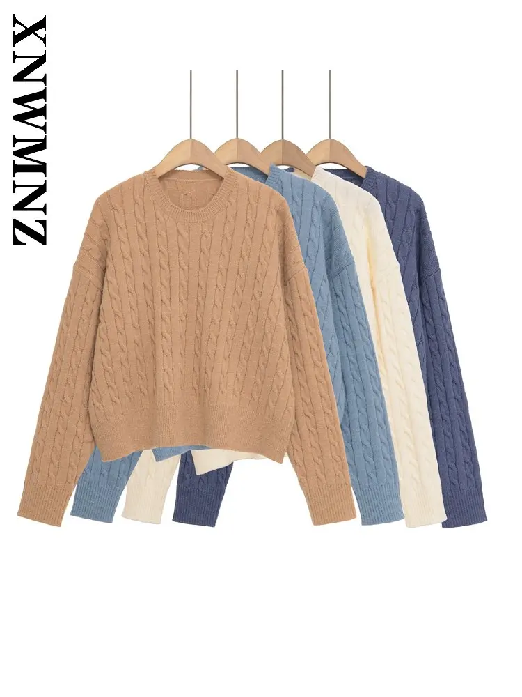 

XNWMNZ 2025 осенний новый женский винтажный вязаный свитер с круглым воротником и длинными рукавами, повседневный модный зимний женский очень толстый