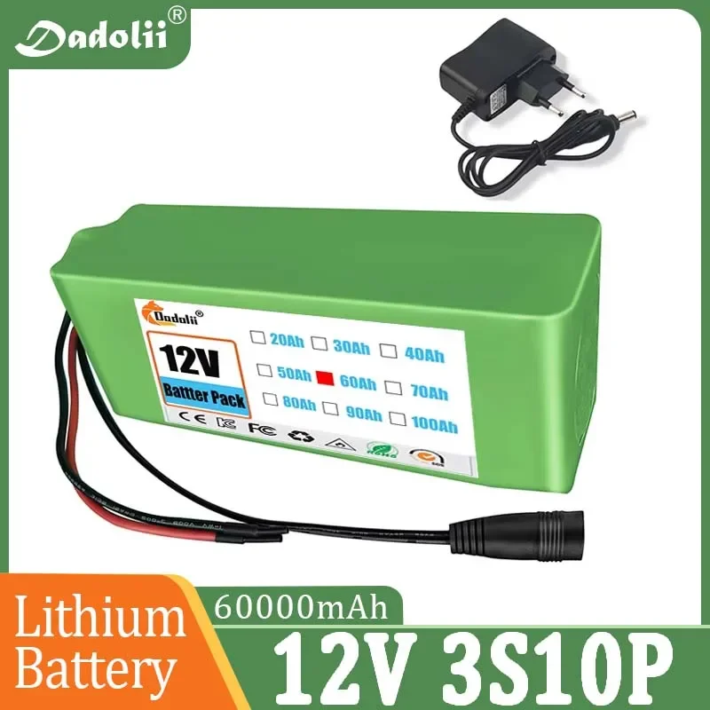 12V 60Ah Battery Pack 3S10P 18650 Lithium Ion Rechargeable Battery for Camera Electric Toy LED Lighting Batteries with Charger