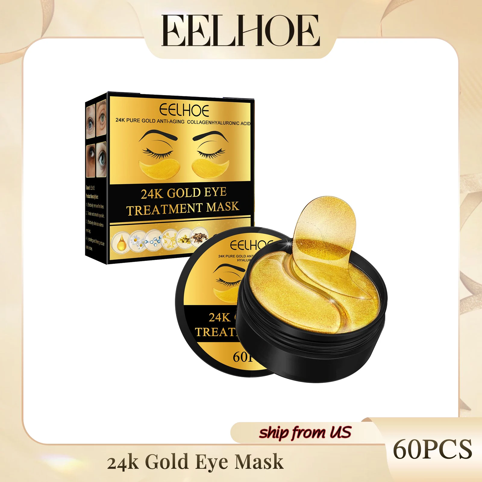 Eelhoe 24k Gold Eye Mask Lightening Eye Bags Wrinkles Dark Circles Firming Moisturizing And Lifting Eye For Fine Lines Eye Mask