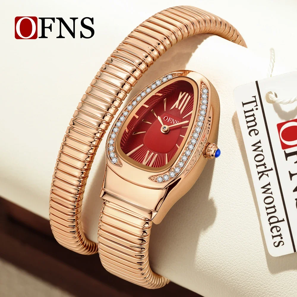 OFNS 1573 Женские кварцевые часы в стиле ретро со змеевидной бриллиантами, инкрустированные двойной иглой, элитные женские кварцевые стрелки 2025