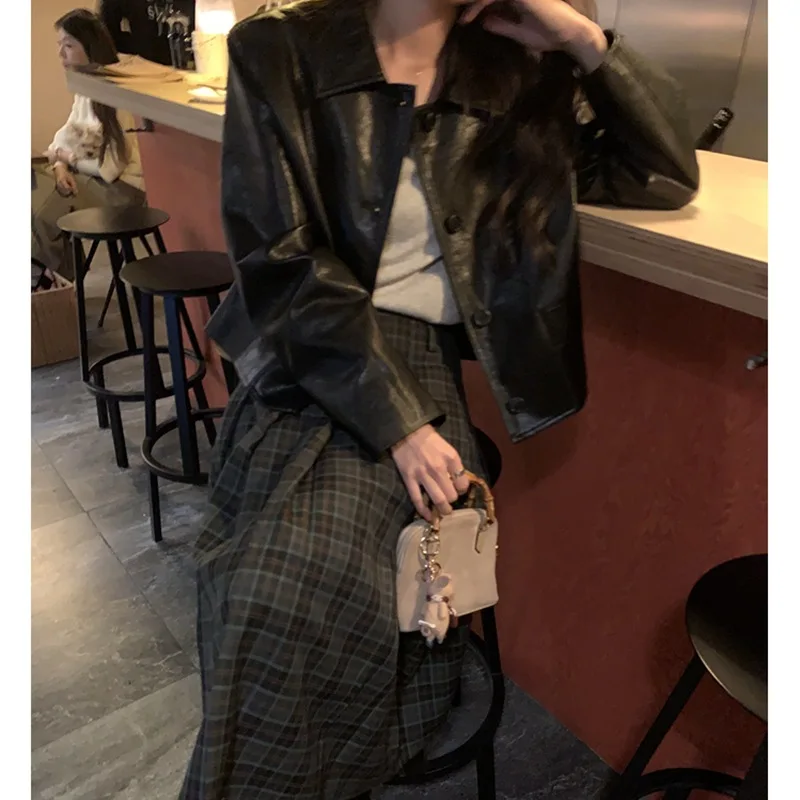 

Self-made Black Short Leather Women 2024 Spring and Autumn New Loose and Thin Pu Leather Jacket Advanced Sense Coat Women