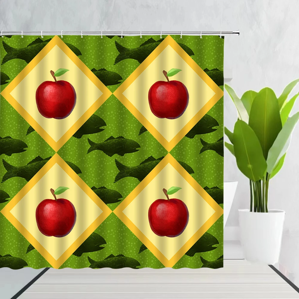 

High Quality Fruits Print Shower Curtain Funny Simplistic Delicio Juicy Cartoon Apples Art Fabric Bathroom Decor Bath Curtains