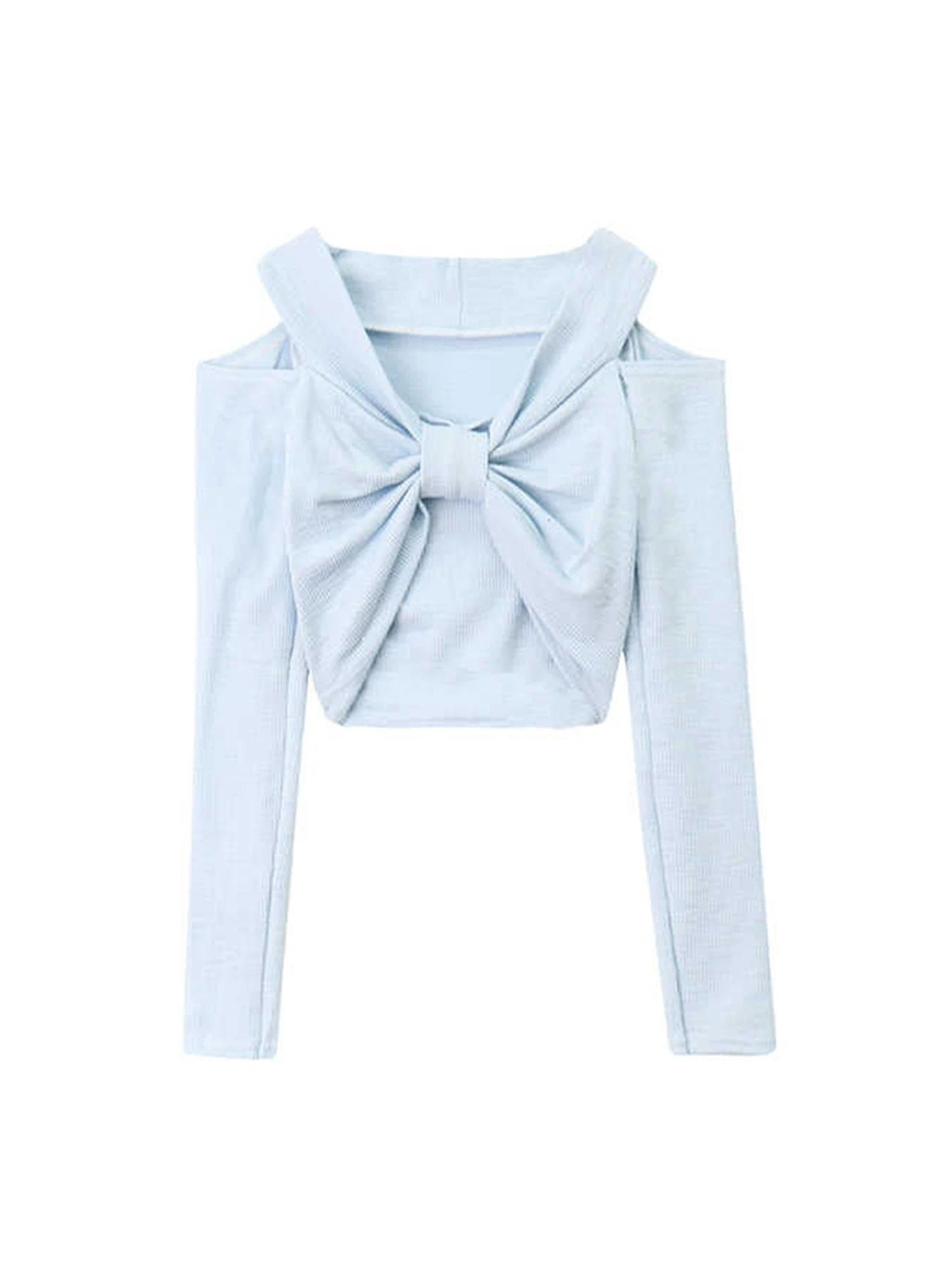 

Women's Blue Y2k Gyaru Bow T-shirt Vintage Aesthetic Cropped Tee Top 2000s Off Shoulder Long Sleeve Knit T-shirts Clothes Autumn