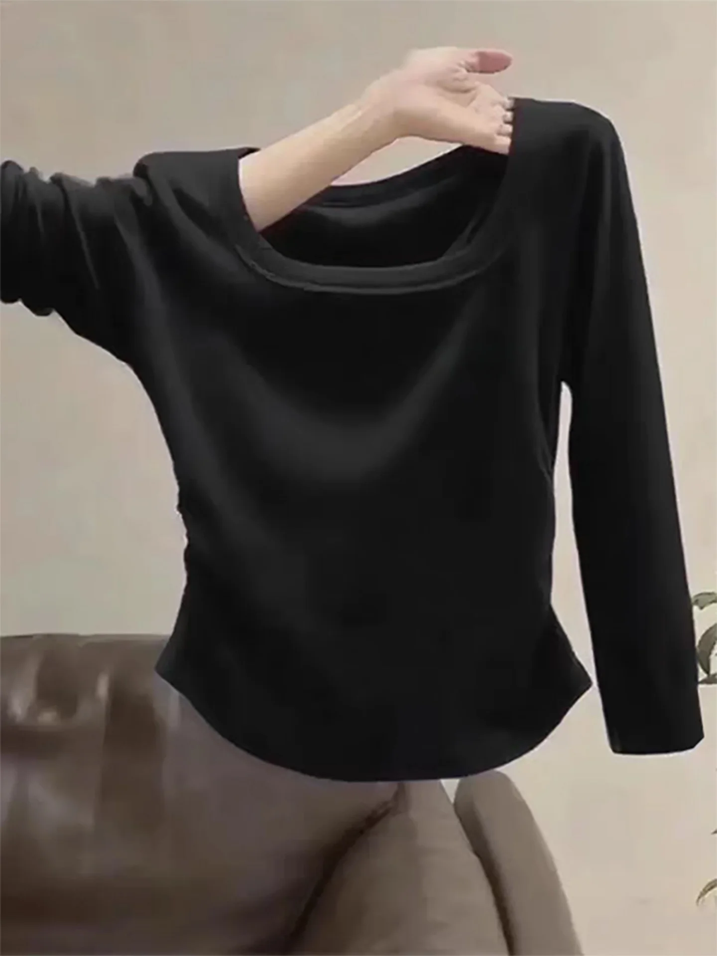 2025년 신상 여성용 면 긴팔 티셔츠 스퀘어 칼라 기본 슬림핏 출퇴근 패션 편안하고 통기성 좋은