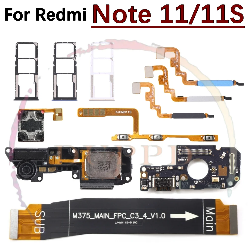 SIM Charging Port Board For Xiaomi Redmi Note 11 11S 4G LoudSpeaker Earpiece Speaker Fingerprint Sensor Motherboard Flex Cable