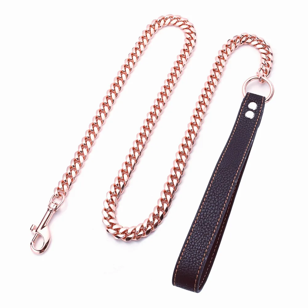 3ft/4ft/5ft 10mm 14mm Rose Gold Tone 316L Stainless Steel Curb Cuban Link Chain Dog Leash Pet Chain for Dogs