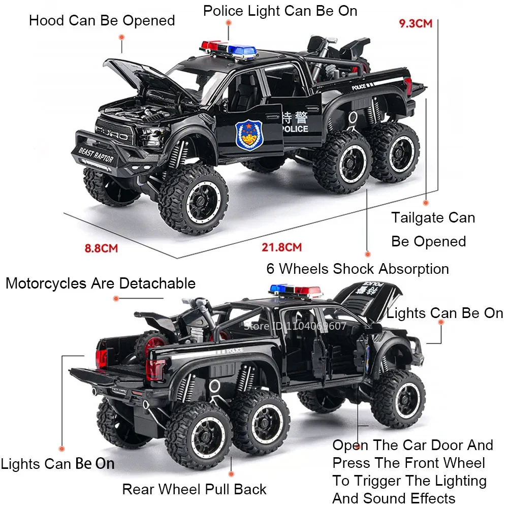 1:28 Raptor F150 Miniature Car Model Toy Alloy Diecast Off-road Vehicles Doors Opened Pull Back Sound Light for Kids Edutainment