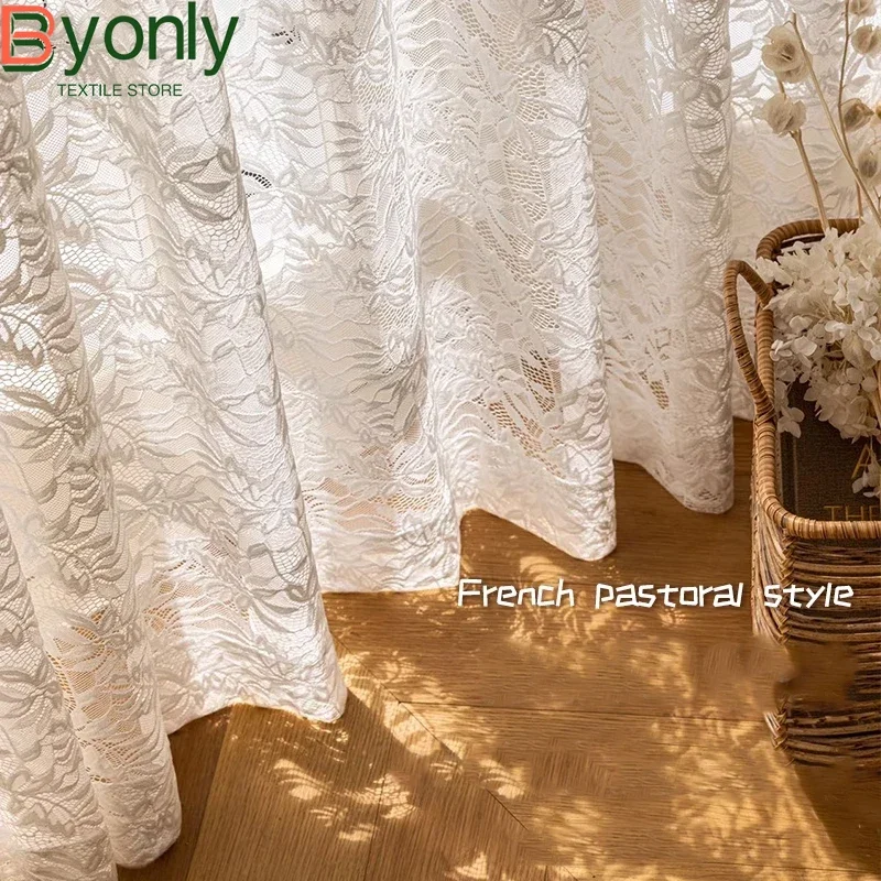 French Romantic Embroidered Lace Curtains White Gauze Curtains for Living Room Bedroom Floor Window Floating Window Customised