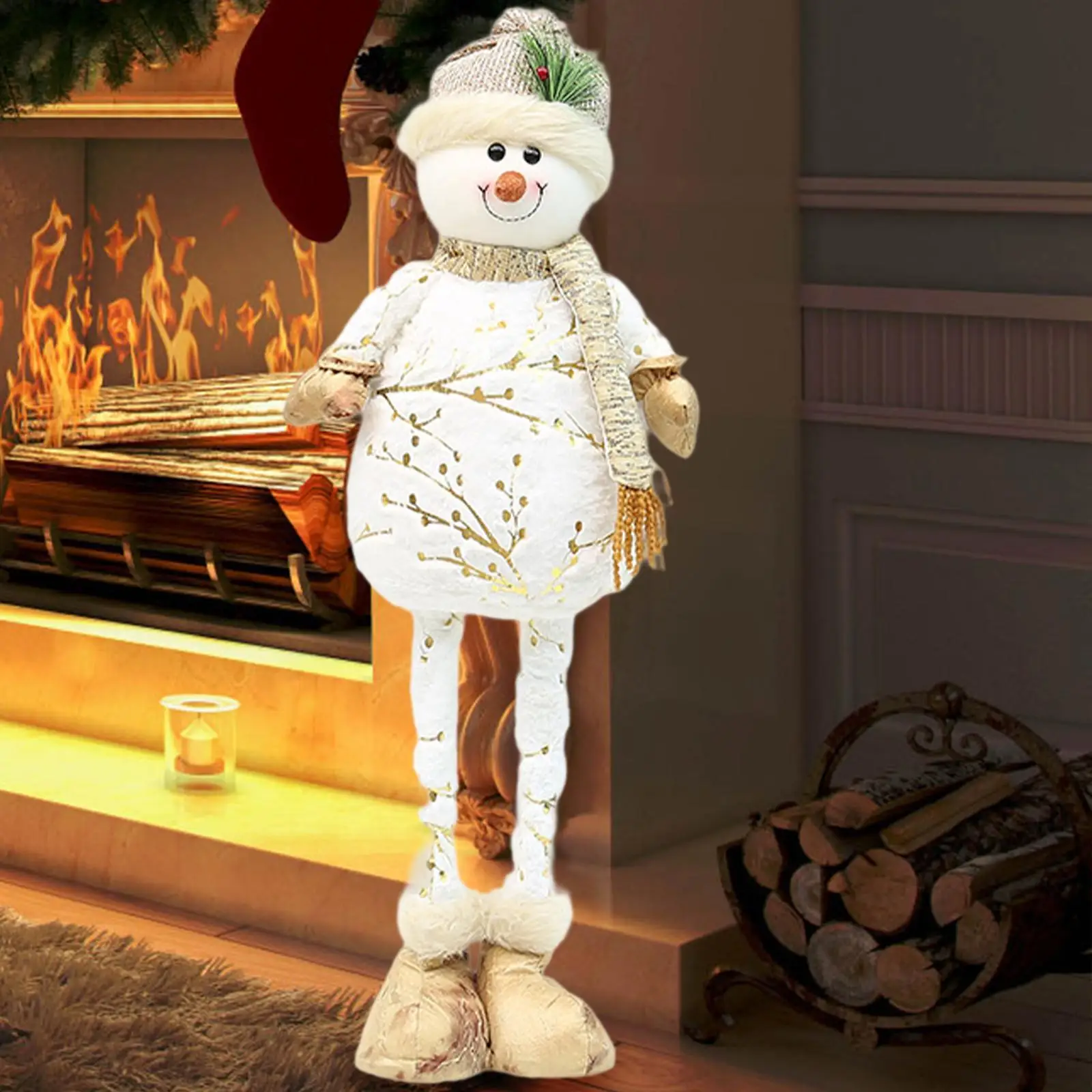 Standing Snowman Xmas Ornament Telescopic Legs Christmas Snowman Doll Christmas Figurine for Fireplace Xmas Tree Outdoor Home