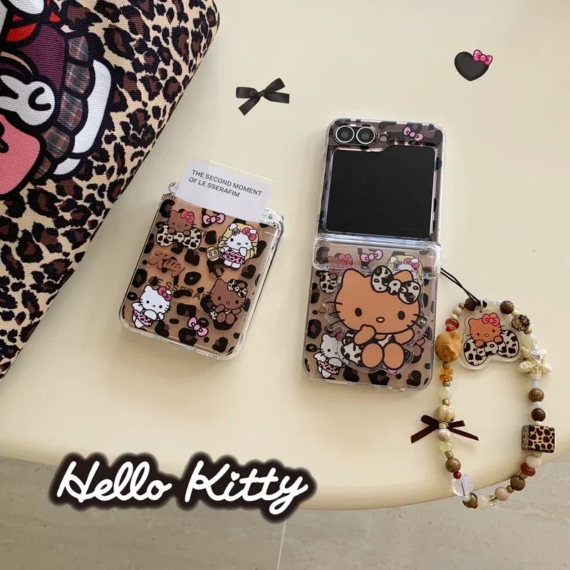 Schattige Cartoon Sanrio Luipaard Print Hello Kitty Card Portemonnee Zak Telefoonhoesje Voor Samsung Galaxy Z Flip 6 5 4 3 Zachte Tpu Hoes