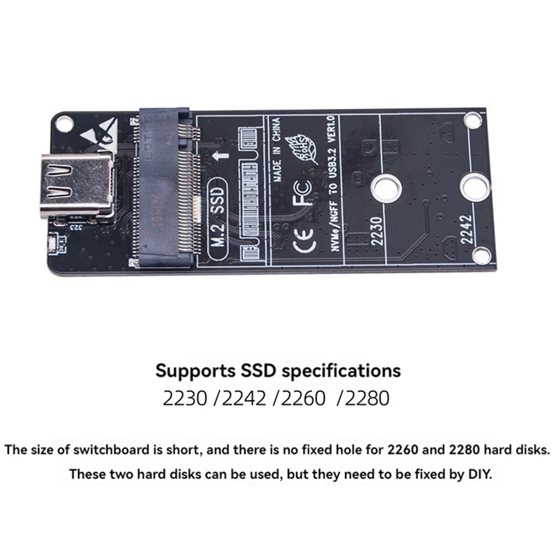 M.2 To Type-C SSD Enclosure Adapter NVME NGFF HDD Enclosure Interposer Board 20Gbps Support 2230 2242 2260 2280 Size SSD