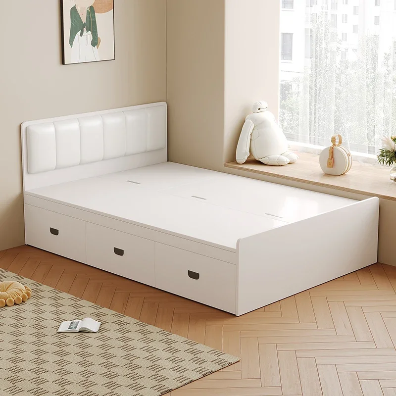 Cama tatami de madera maciza blanca, 1,8 metros, dormitorio principal doble, almacenamiento nuevo, moderno, sencillo, individual, 2024