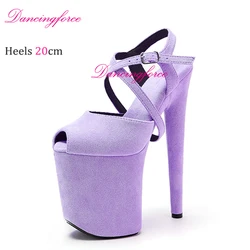 Dancingforce 20cm/8 cali stalowe sandały do tańca na rurze paski krzyżowe fioletowy zamszowy klub nocny pokaz modeli damskie buty Runway Girl