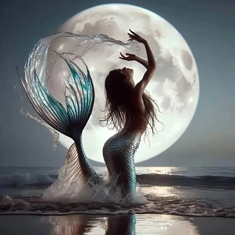 Mermaid Under The Moonlight Oil Painting By Numbers on Canvas Wall Decoration for Living Room Handmade Hobby Gift Frameless