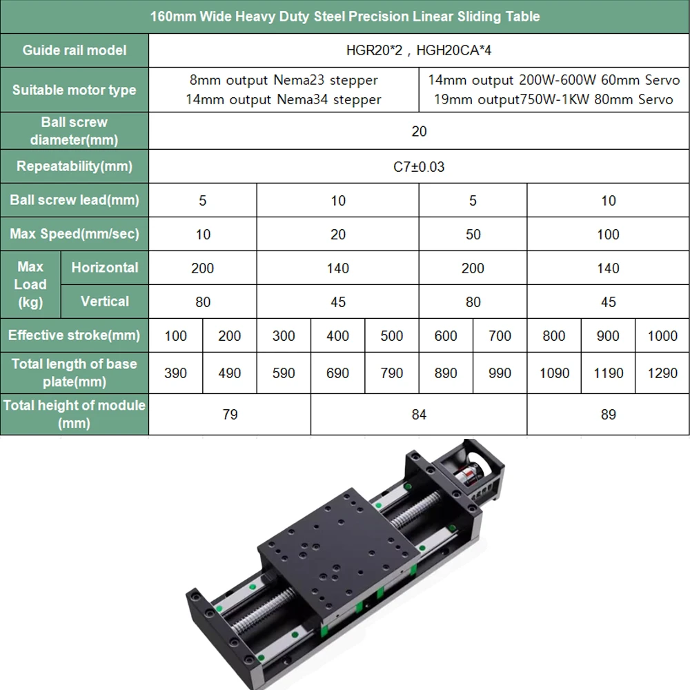 Mesa deslizante de aço industrial de 160 mm de largura 45 # Robô de eixo único de curso linear de aço resistente da fase 100~1000mm da automação de aço