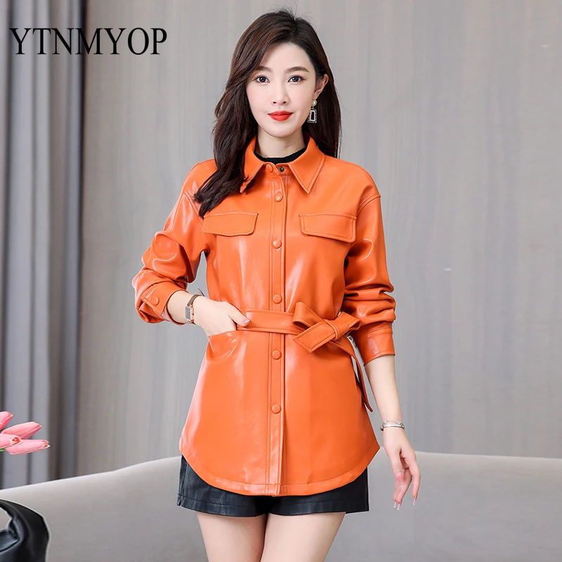 Spring And Autumn Clothing  Belt Slim Fashion Leather Coat Woman Outwear High Quality M-3XL Loose Jacket Suede