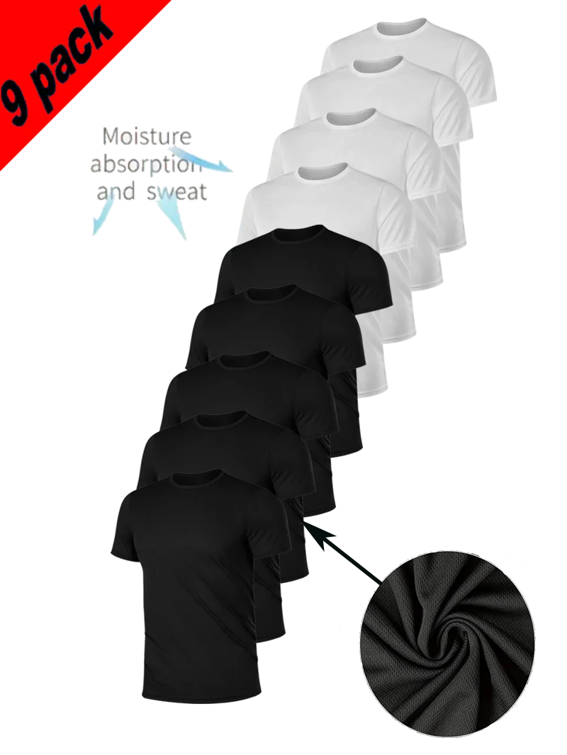 

Men's 9-Piece Solid White and Black Round Neck T Shirt Moisture Wicking Casual Wear for Layering or Outerwear Gym Workout Spo