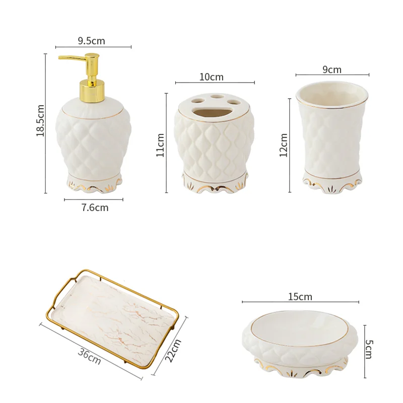 Ceramic Bathroom Five Set Gold Supplies Accessories Tray Lotion Bottle Soap Dispensing Bottles Porcelain Cup