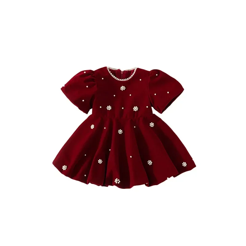 Children\'s Clothing Girls Fall Dresses Christmas Pearl Red Dresses Children\'s Princess Dresses