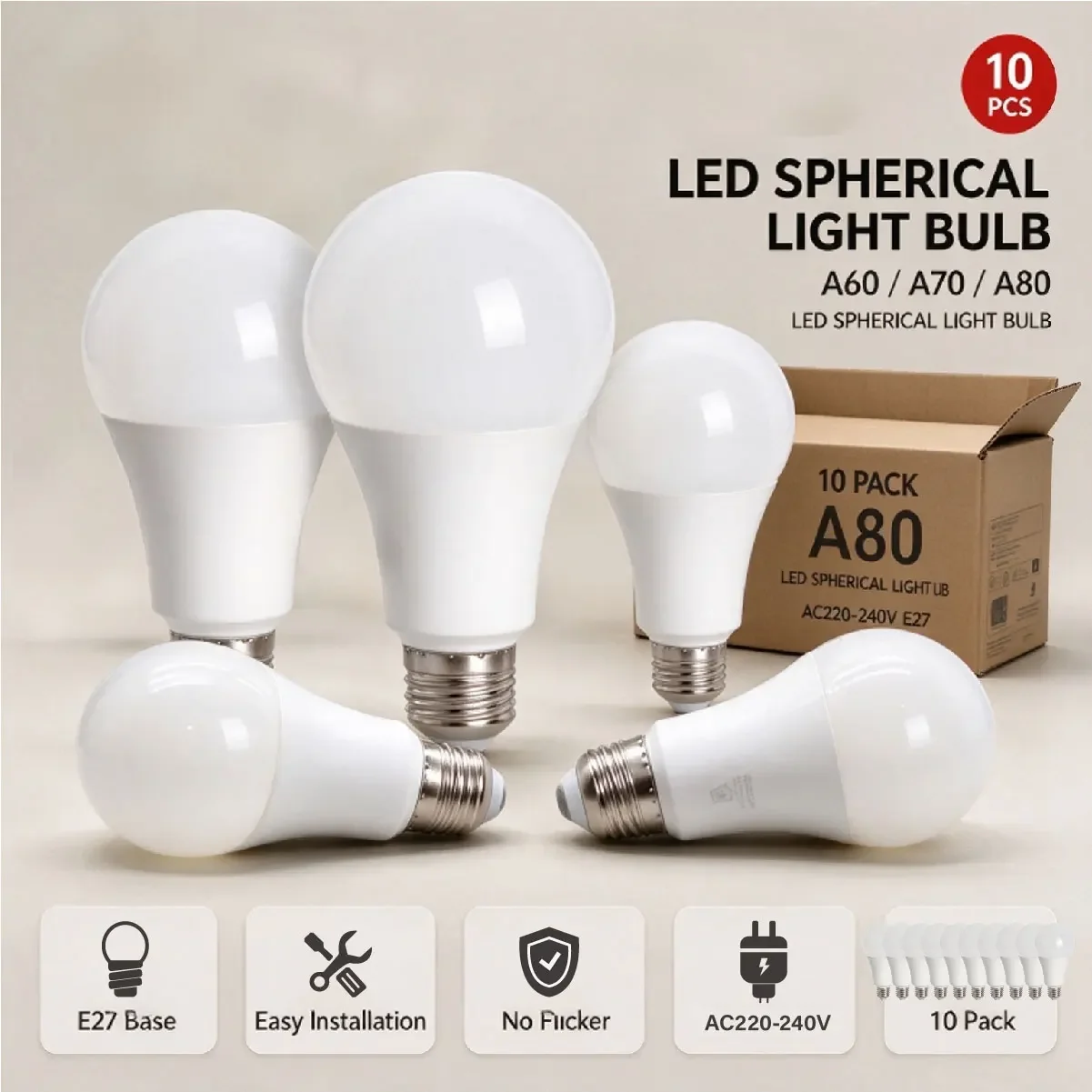 10 Pack E27 LED Bulbs with CRI80 High Color Rendering, AC220V, Optional 15W/18W/20W/24W, Indoor Home Lamp for Foyer