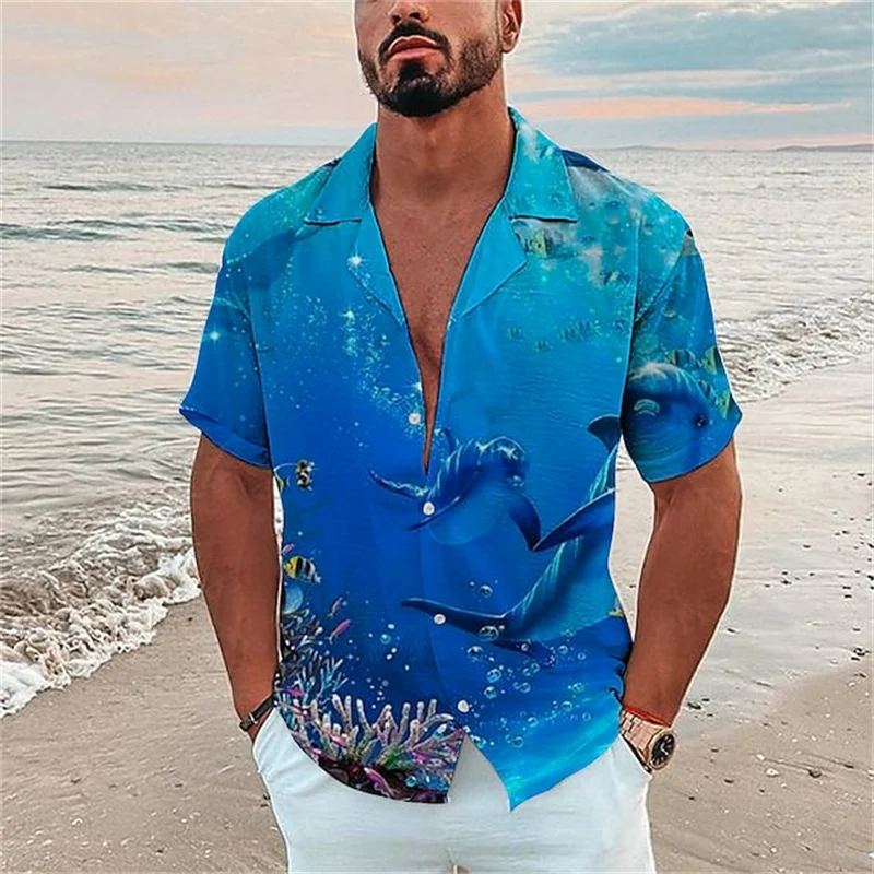 Men\'s Hawaiian Fish Print Shirts Men\'s Ocean Element Shirt Beach Vacation Casual Shirts Summer Breathable Short Sleeve Shirts