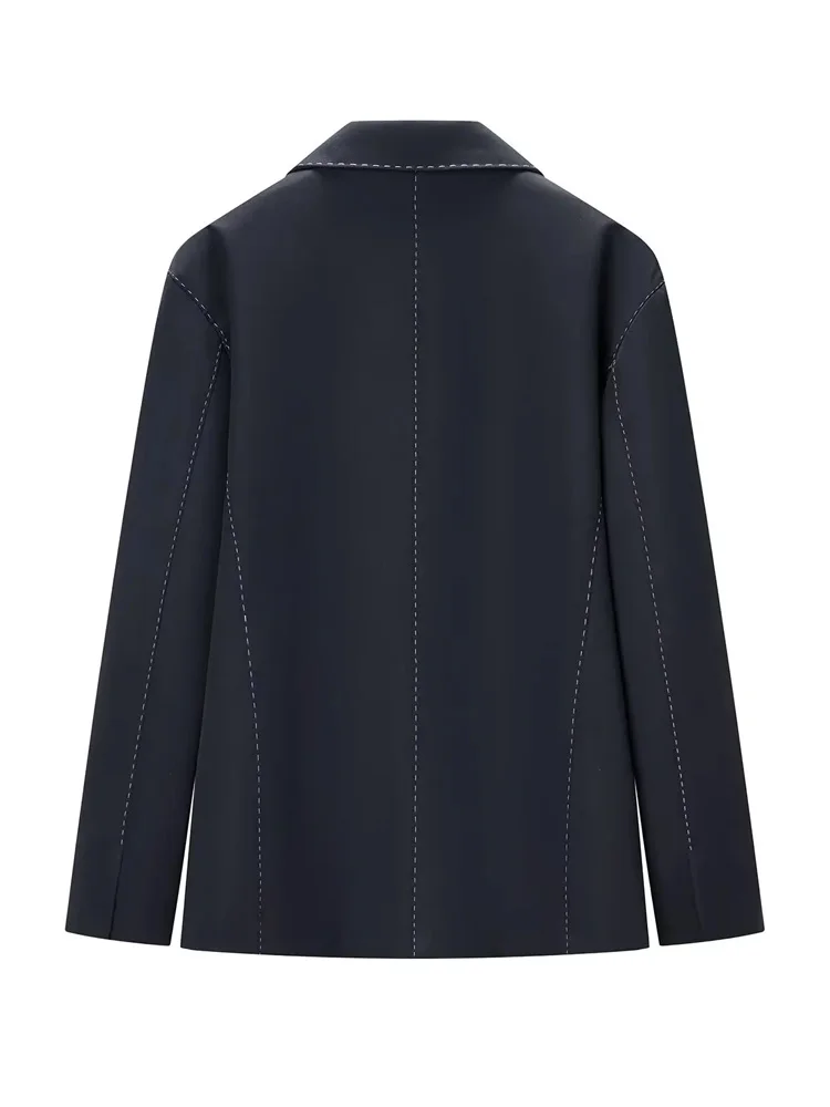 Żakiet damski w stylu streetwear, jednolity kolor, długi rękaw, dwurzędowy, wiosenny, z kieszeniami, kołnierzyk wykładany, modny.