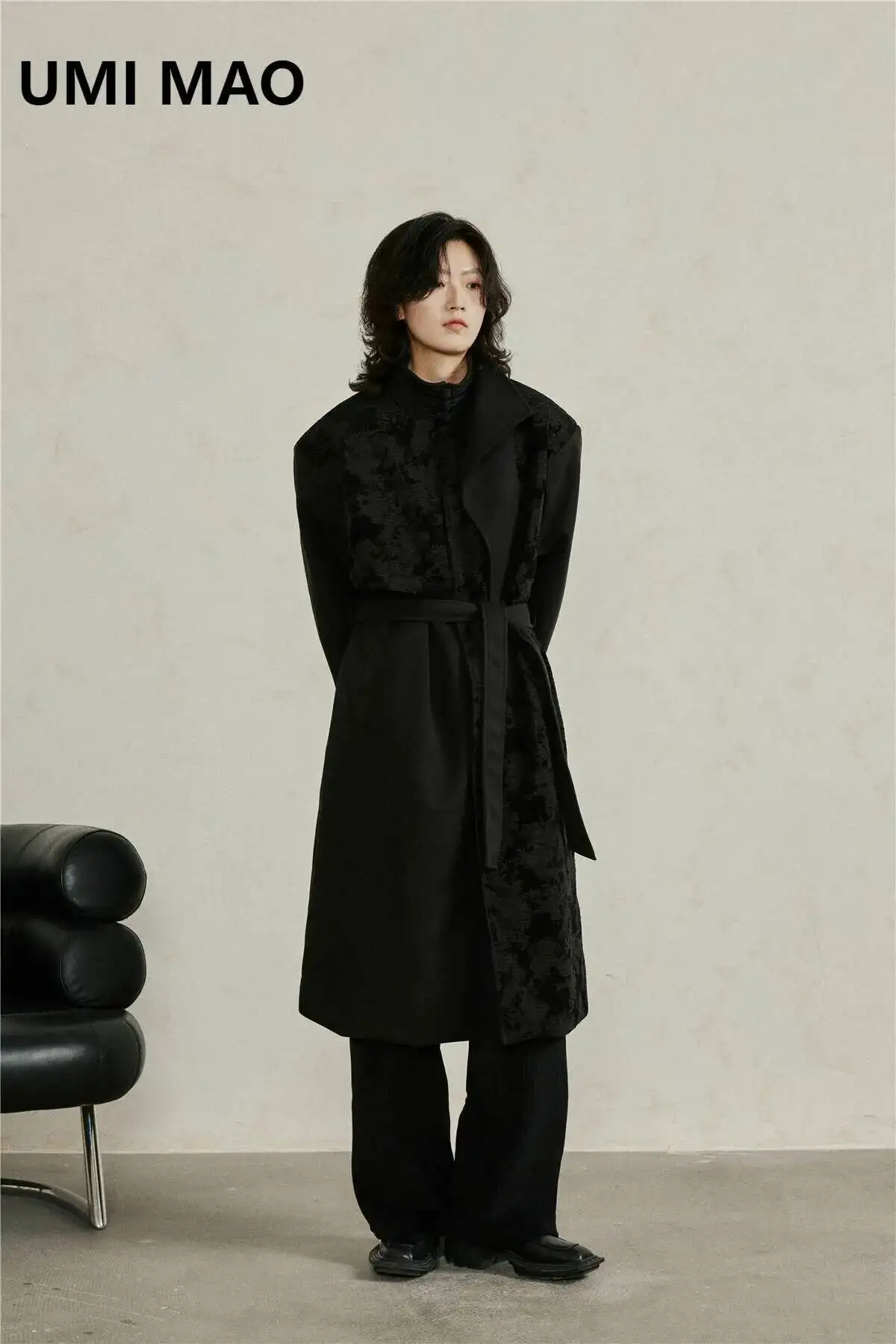 UMI MAO Yamamoto Dark Jacket Unique Design Sense New Chinese Jacquard Velvet Spliced Belt Long Woolen Coat Female Overcoat Y2K