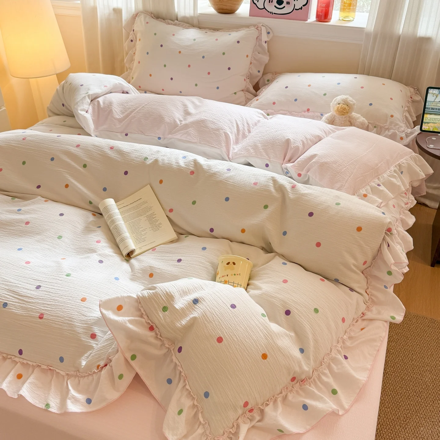 3pcs-korean-ruffles-dot-print-duvet-cover-set-1-duvet-cover-2-pillowcase-without-core-soft-fabricbedding-setan