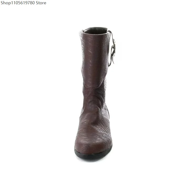 Mens Medieval Cosplay Mid Calf Boots Faux Leather Pirate Shoes With Decorative Buckle For Renaissance Viking Halloween Party 4