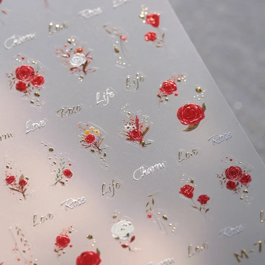 Gold Stamped Red White Rose Flowers Leaf 5D Reliefs Self Adhesive Nail Art Stickers Illusion Polarized Manicure Decals Wholesale