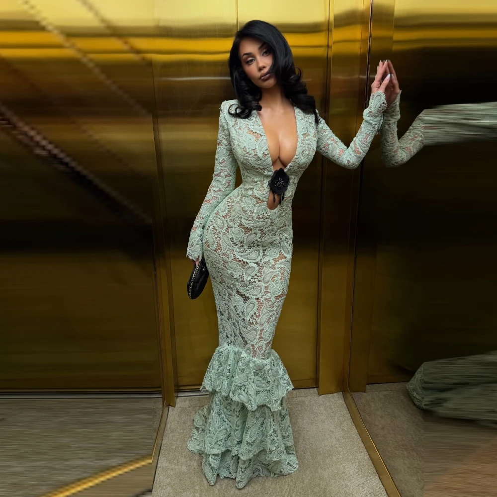 Sexy Mermaid Evening Dress Exquisite V-Neck Long Sleeves Flowers Customized Celebrity Gowns Fashion Lace Party Dresses