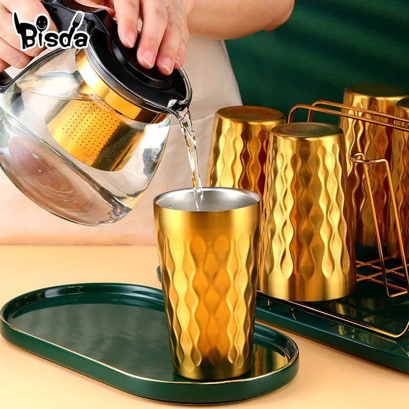 1-7PCS Double-Wall Stainless Steel Hammer Texture Coffee Mug Beer Milk Tea Cups Cold Water Drinks Drinkware With Holder