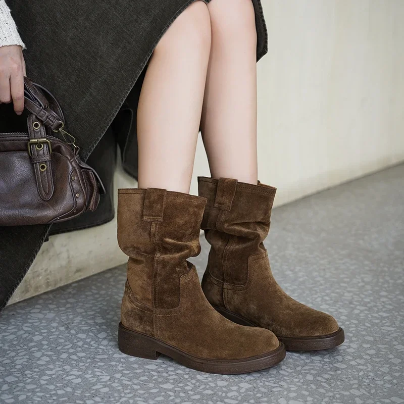 2027 Autumn Winter New Women's Shoes Square Heel Mid Boots Cow Suede Fashion Round Toe Casual Plus Size Women's Calf Boots