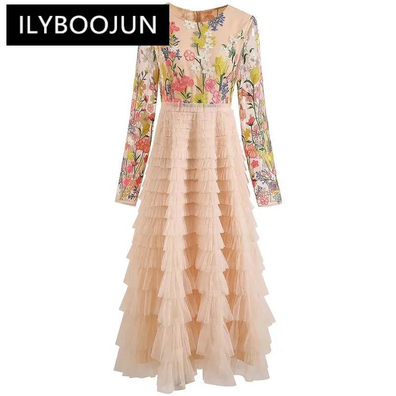 

ILYBOOJUN Fashion Designer Spring Summer Women's dress Long sleeved Flower embroidery Patchwork Mesh Tiered ruffles Dresses