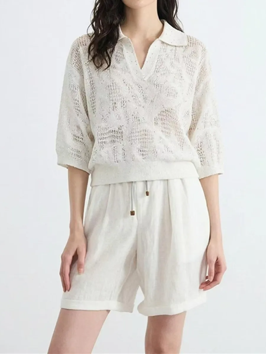 Summer 2026 Women's High-end Lapel Hollowed Out Sequin Cotton Knitted Shirt Short Sleeved Top