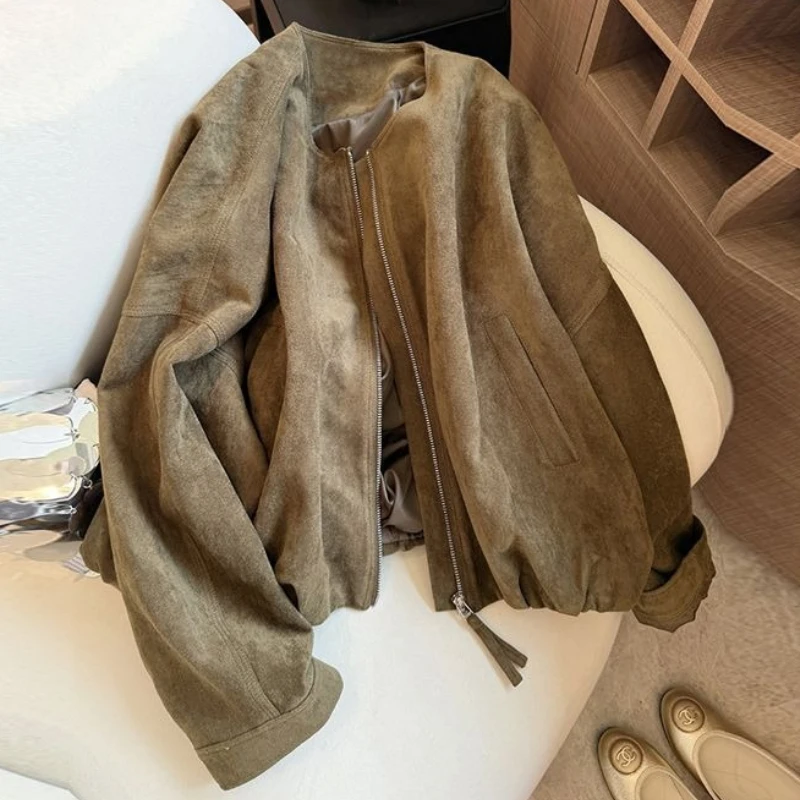

Vintage Suede Zipper Short Coat Women Bomber Jacket Spring Autumn New Loose O-Neck Jacket Goth Streetwear Design Women's Clothes
