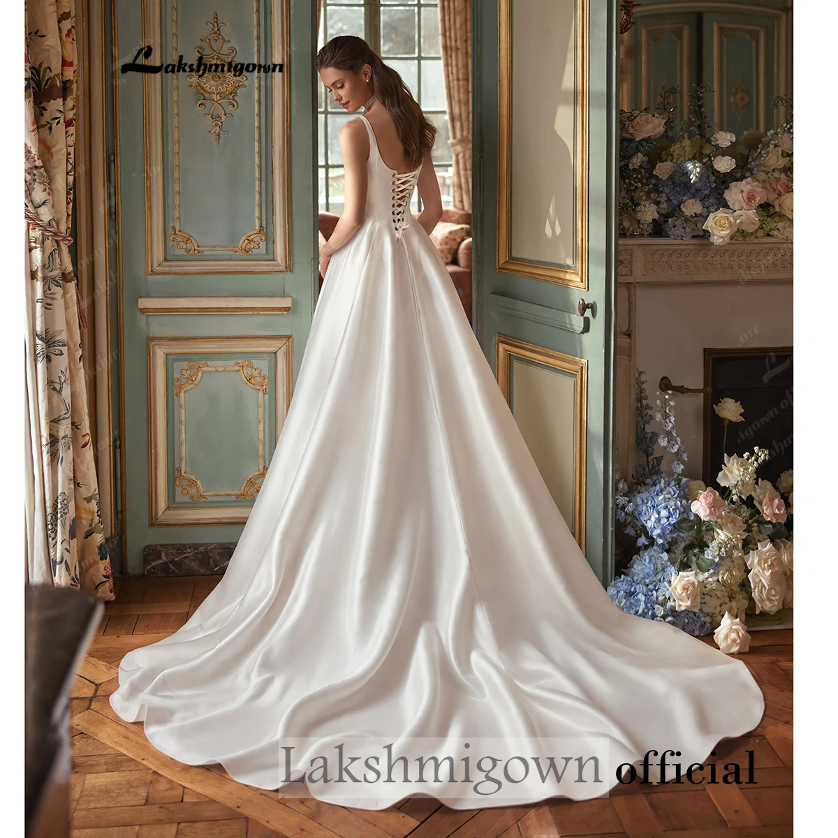 Lakshmigown Brautkleid mit quadratischem Ausschnitt, aus Satin, mit breiten Trägern, A-Linie, mit Schnürung am Rücken, individuell anpassbar. – Detail 6