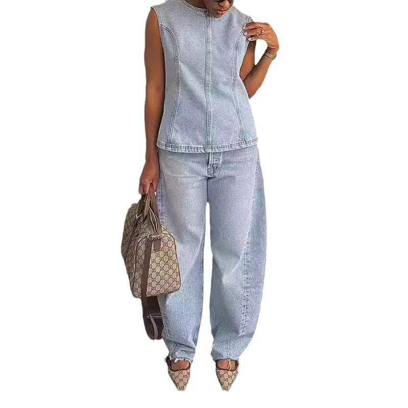 Elegant Women Denim 2 Piece Set Sleeveless Tank Top Wide Leg Pants Matching Set 2024 Autumn New Fashion Streetwear Jeans Outfits