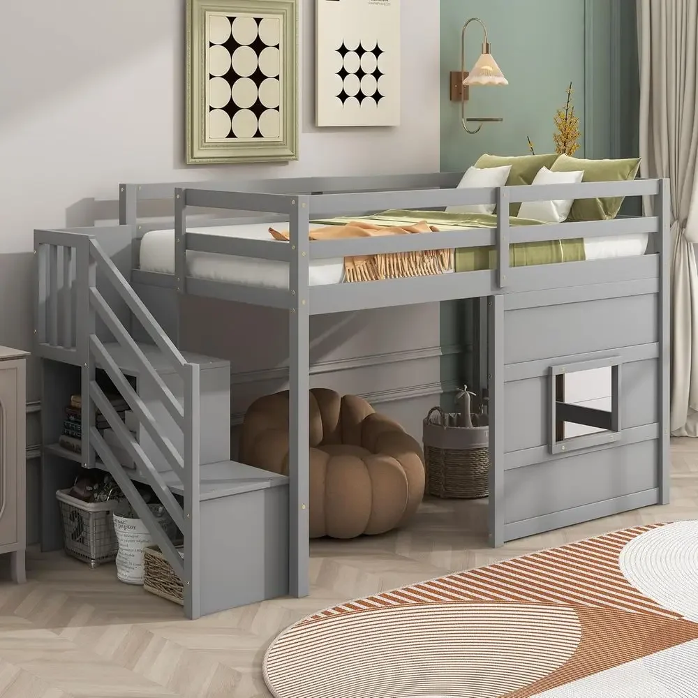 Gray Twin Size Low Loft Bed with Storage Stairs, Full-Length Guardrails, Under-Bed Play Area for Kids