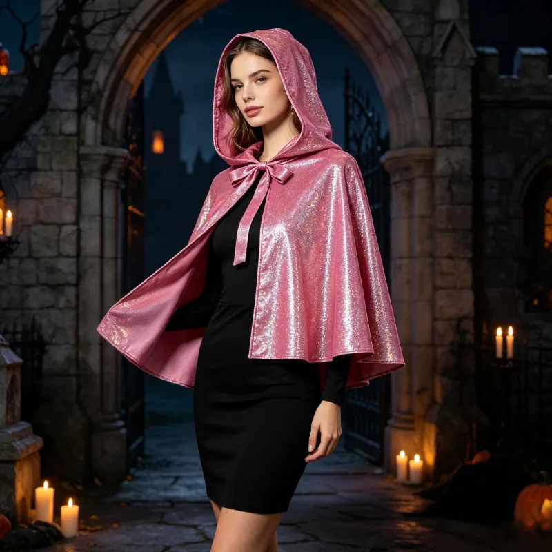 Iridescent Hooded Cape Cloak Tie Closure Party Costume Cape for Women Girls Cosplay Stage Dressy Wrap
