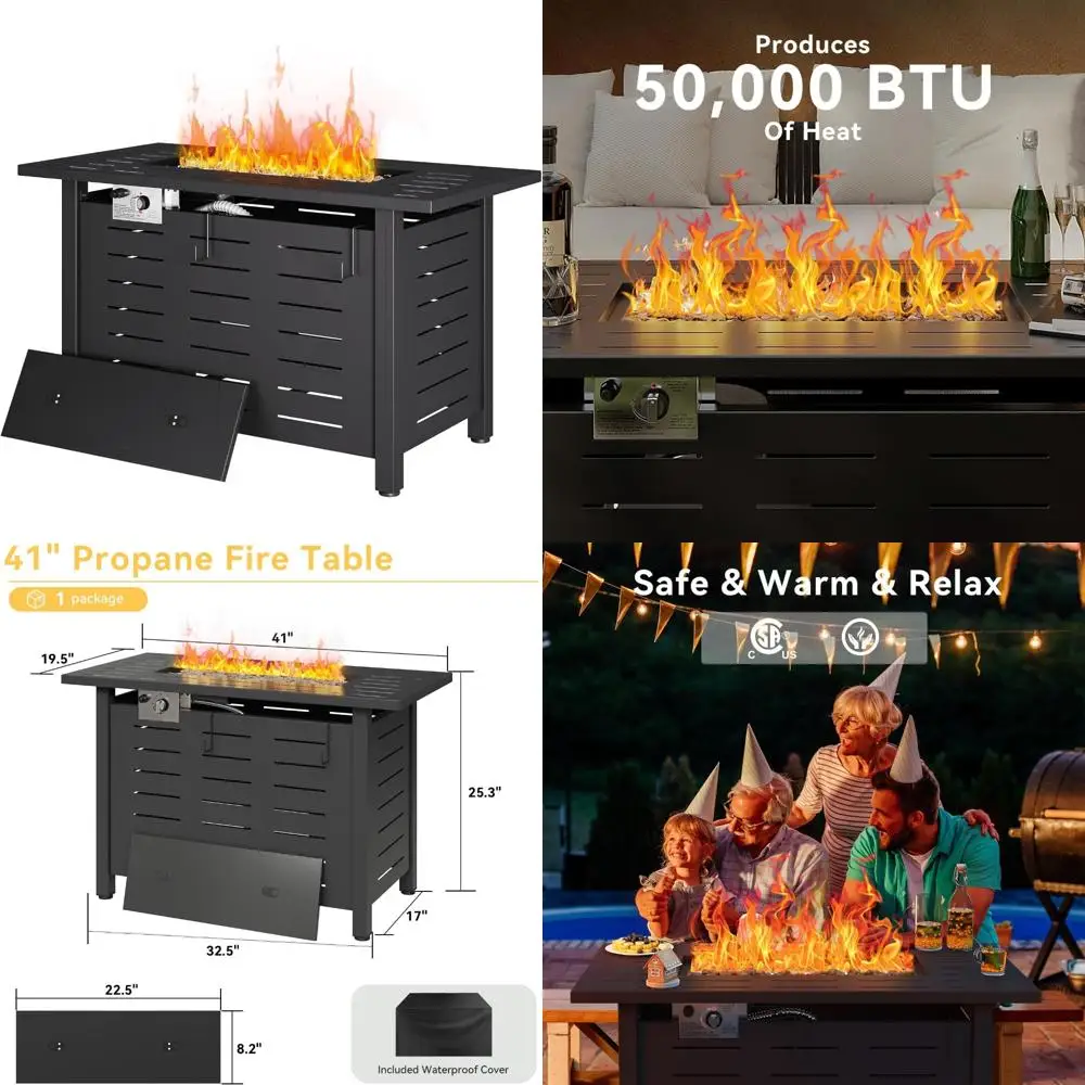

Rectangle Outdoor Gas Fire Pit Table with 50,000 BTU, Removable Lid, Waterproof Cover, and Lava Rocks for Patio Use