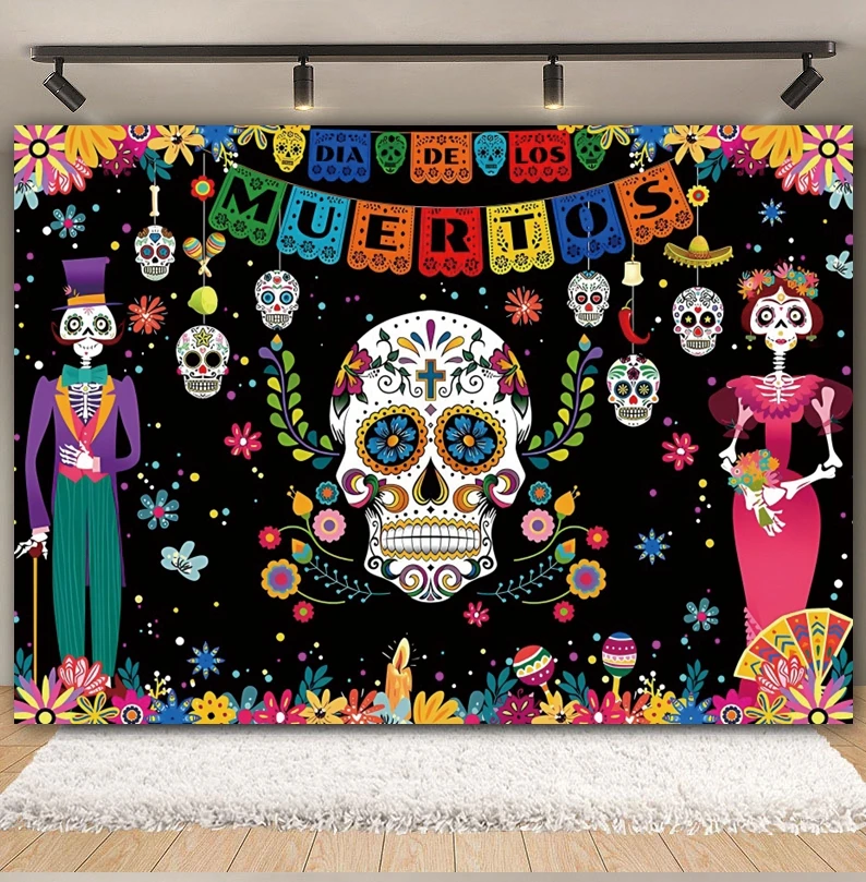 Mexico Day Of The Dead Backdrop Mexican Cinco Fiesta Sugar Skull Marigold Dress-up Party Photography Background Photo Studio