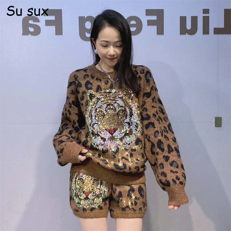 

Леопардовые вязаные комплекты с короткими брюками, женские комплекты из 2 предметов, повседневный пуловер с рукавами, трикотажные комплекты Macthing, японская корейская модная уличная одежда