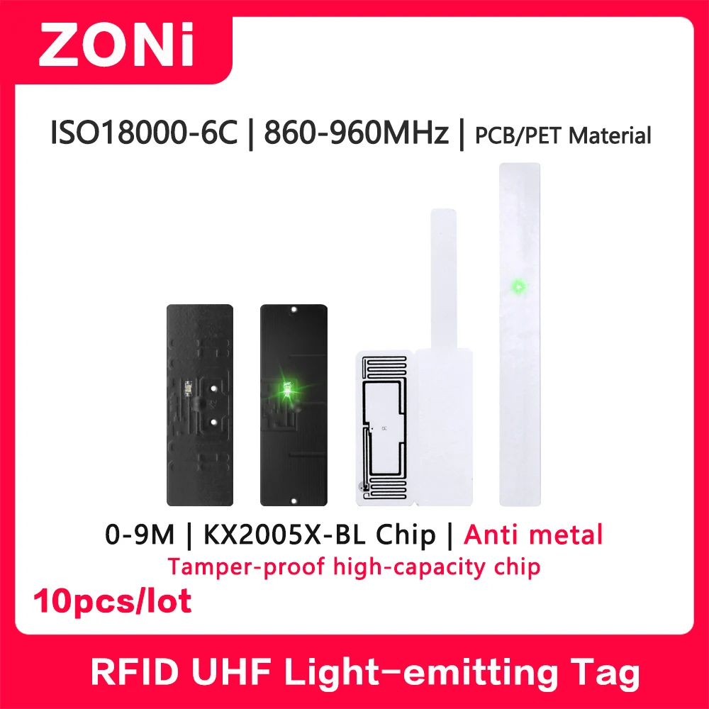 Etiquetas eletrônicas emissoras de luz uhf rfid pcb/pet 18000-6c kx2005xbl chip led posicionamento de luz e busca gerenciamento de ativos 10 peças