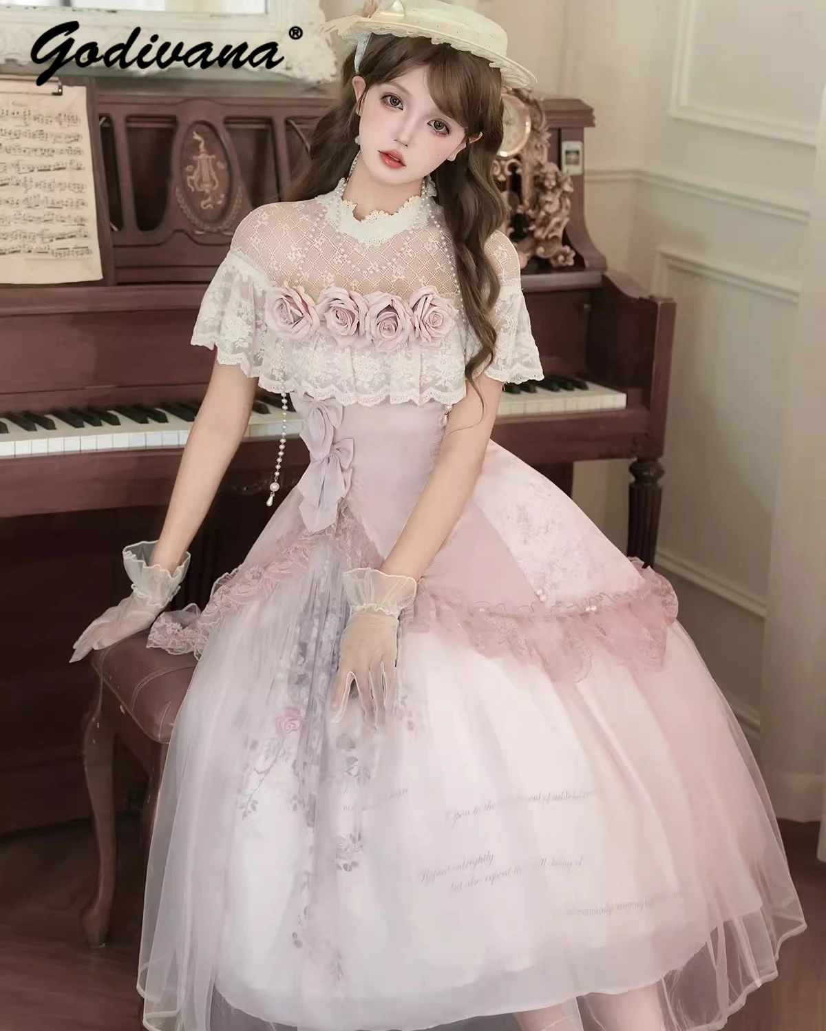 

Оригинальный дизайн, новинка весны и лета, воротник-стойка в стиле Лолиты, кружевная накидка, платье с цветком розы, элегантная юбка, комплект женских платьев из двух предметов