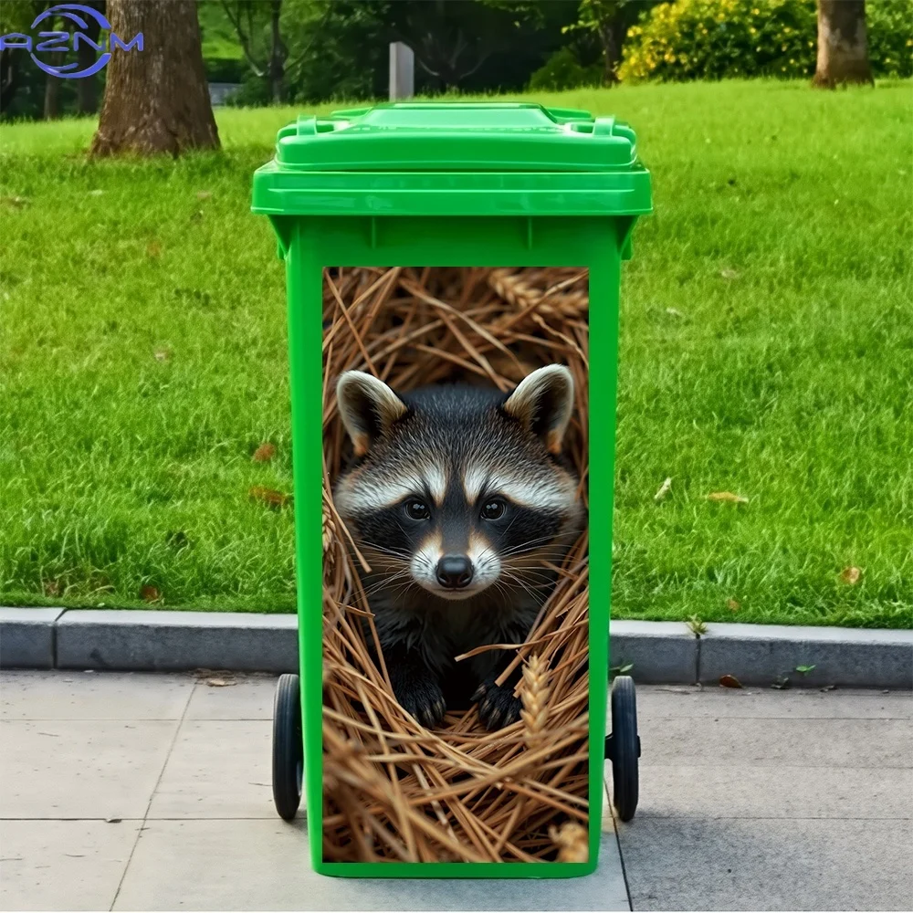 1pc, Little Raccoon in the Grass Nest Theme, Trash Can Sticker, Self-Adhesive PVC Decal, Waterproof for Outdoor Use, Suitable