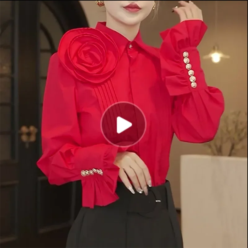 

Luxurious Rose Red 3D Design Long Sleeve Shirt for Women Spring 2026 Elegant Top Quality Fashionable Upper Apparel
